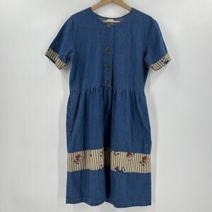 Vintage 80s Dress Womens Size S Midi Denim Blue USA Made Raggedy Ann Pockets